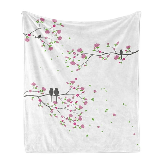 Spring Soft Flannel Fleece Throw Blanket, Tree Branches with Birds and Flowers Blossoming, Cozy Plush for Indoor and Outdoor Use, 70" x 90", Pale Fuchsia Grey, by Ambesonne