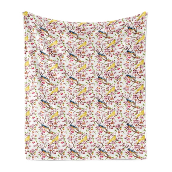 Spring Soft Flannel Fleece Throw Blanket, Watercolor Effect Sakura Flowers and Cherries with Little Birds, Cozy Plush for Indoor and Outdoor Use, 50" x 60", Multicolor, by Ambesonne