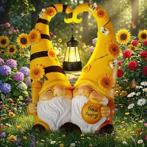 Spring Solar Bee and Sunflower Gnomes Garden Statue Outdoor Resin Gnome Decorations with Solar Light Double Cute Gnomes Resin Statues for Mom Birthday Gift Patio Yard Balcony Art$$Garden & Patio