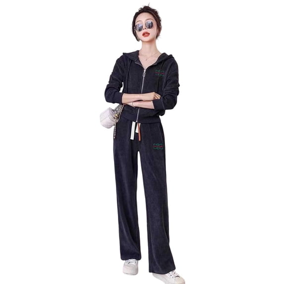 Spring Sportwear 2-piece Women's Hooded Jacket Wide-leg Trousers Set Daily Wear Outfit for Spring Sportswear