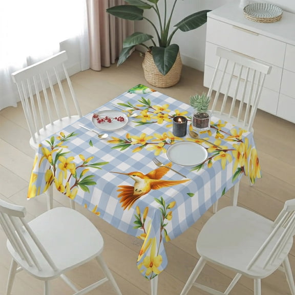 Spring Spreaded Flowers Table Cloth 54x54in, Waterproof Square Tablecloth Wipeable Tablecloths Birds Blue White Check Table Covers for Dining Tables Party Indoor Outdoor