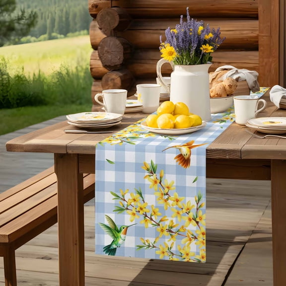 Spring Spreaded Flowers Table Runner 13x36in Non-Slip Cotton Linen Table Runners, Birds Blue White Check Dresser Scarves TableRunner for Dinner Kitchen Dining Wedding Party