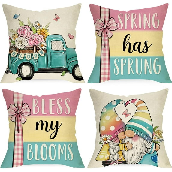 Spring Has Sprung Decorative Throw Pillow Covers 18 x 18 Set of 4, Bless My Blooms Blue Truck Gnome Cushion Case Decor, Colorful Stripes Flowers Farmhouse Home Decoration for Sofa Couch