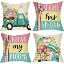 Spring Has Sprung Decorative Throw Pillow Covers 18 x 18 Set of 4, Bless My Blooms Blue Truck Gnome Cushion Case Decor, Colorful Stripes Flowers Farmhouse Home Decoration for Sofa Couch