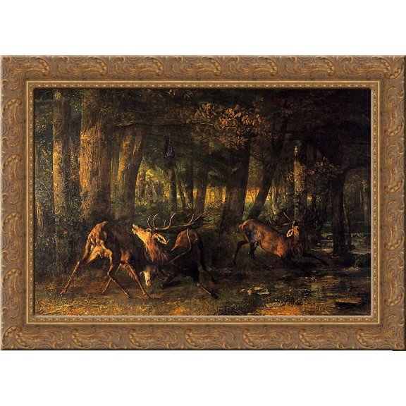 Spring, Stags Fighting 24x18 Gold Ornate Wood Framed Canvas Art by Gustave Courbet