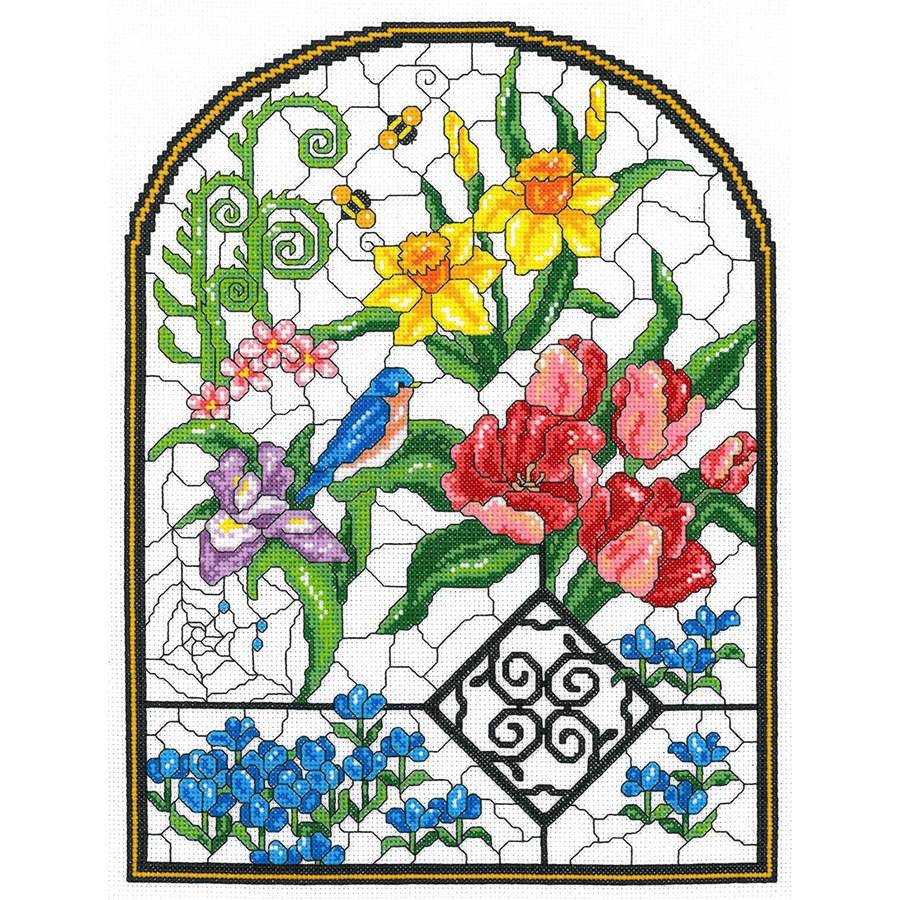 Spring Stained Glass Counted Cross Stitch Kit, 10" x 13.25", 14 Count