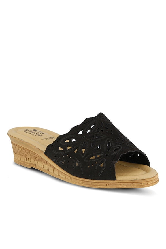 Estella Women's Fashion Wedge Slide Sandals – Casual Leather Heel with Geometric Laser-Cut Detailing