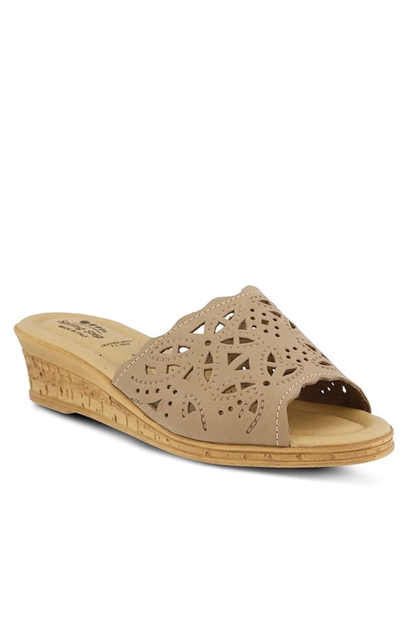 Estella Women's Fashion Wedge Slide Sandals – Casual Leather Heel with Geometric Laser-Cut Detailing