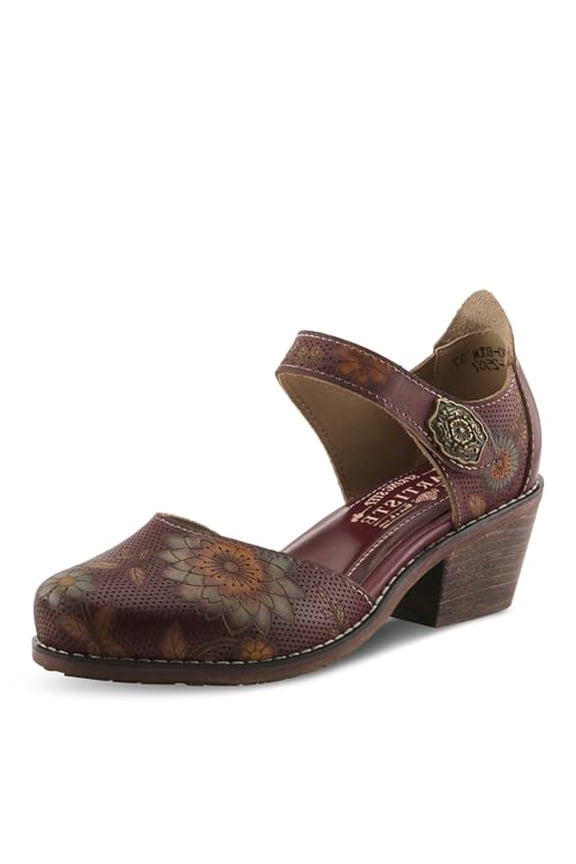 L'Artiste Cabracho Mary Jane Heels | Floral Embossed Leather Pumps with Adjustable Strap