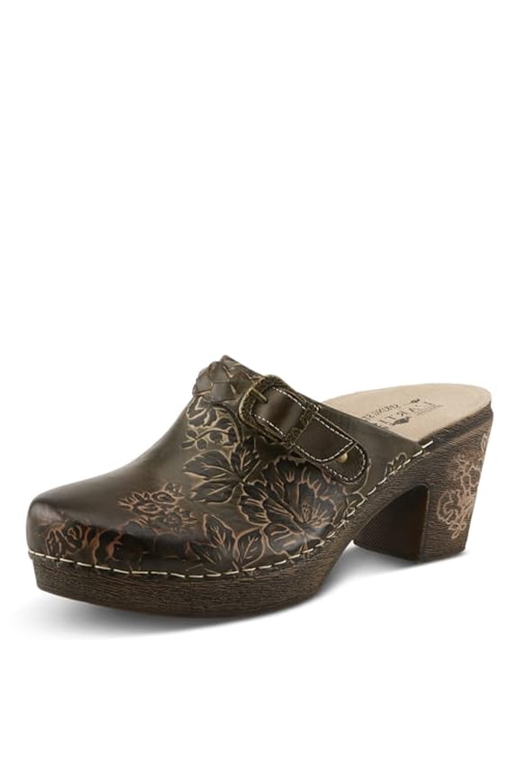 L'Artiste Calliroe Open-Back Clogs | Hand-Painted Leather Slip-On with Floral Details