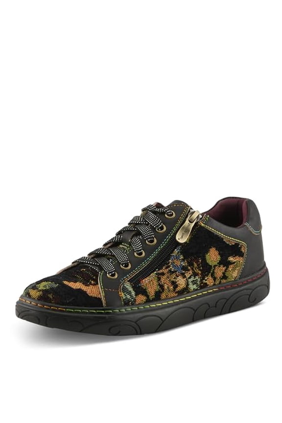 Spring Step L'Artiste Danli-Fab Fashion Sneakers – Premium Leather with Tapestry Print Upper - Lace Up Zipper Closure, Removable Insole, Flat Platform Sole