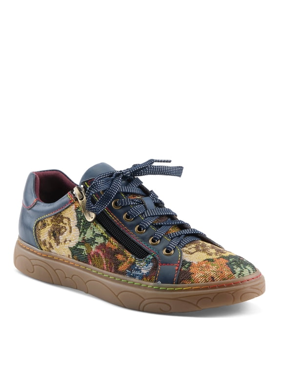 L'Artiste Danli-Fab Fashion Sneakers – Premium Leather with Tapestry Print Upper - Lace Up Zipper Closure, Removable Insole, Flat Platform Sole