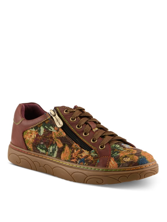 L'Artiste Danli-Fab Fashion Sneakers – Premium Leather with Tapestry Print Upper - Lace Up Zipper Closure, Removable Insole, Flat Platform Sole