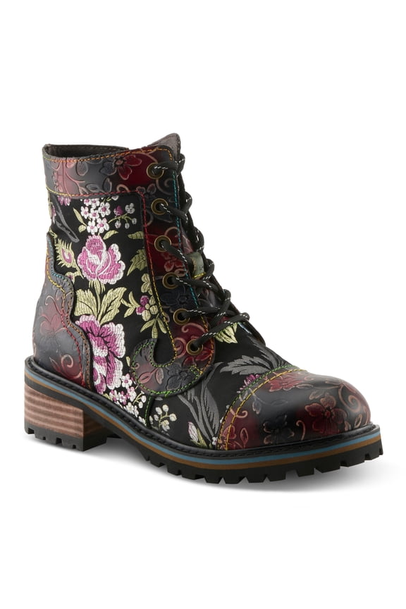 L'Artiste Fantastic Booties for Women - Floral Hand Painted Womens Ankle Boots Low Heel - Everyday Wear Leather and Textile Western Booties