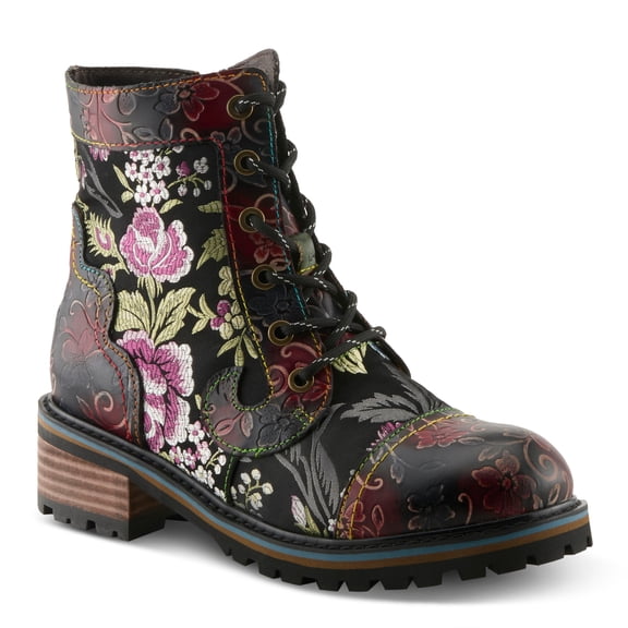 Spring Step L'Artiste Fantastic Booties for Women - Floral Hand Painted Womens Ankle Boots Low Heel - Everyday Wear Leather and Textile Western Booties