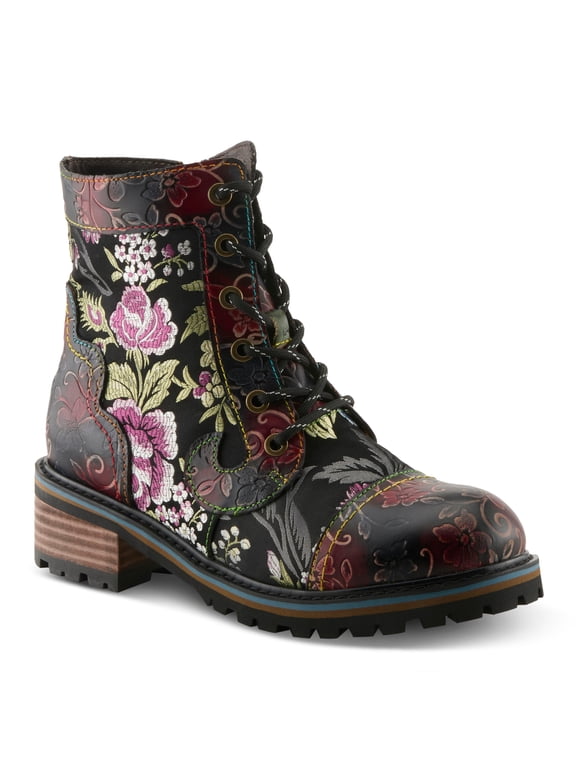 L'Artiste Fantastic Booties for Women - Floral Hand Painted Womens Ankle Boots Low Heel - Everyday Wear Leather and Textile Western Booties