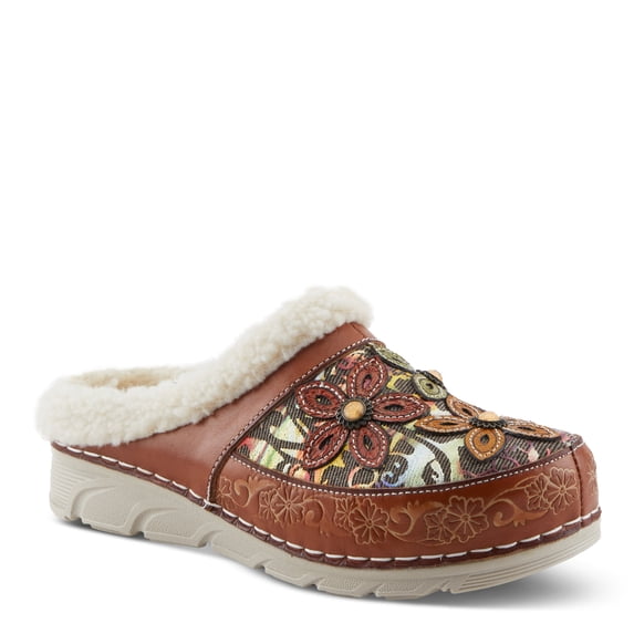Spring Step L'Artiste Honestela Women’s Embossed Leather Clogs with Tapestry Upper - Sherpa Lined Slip-On for Warmth and Cushioned Wedge Heel Comfort Clog