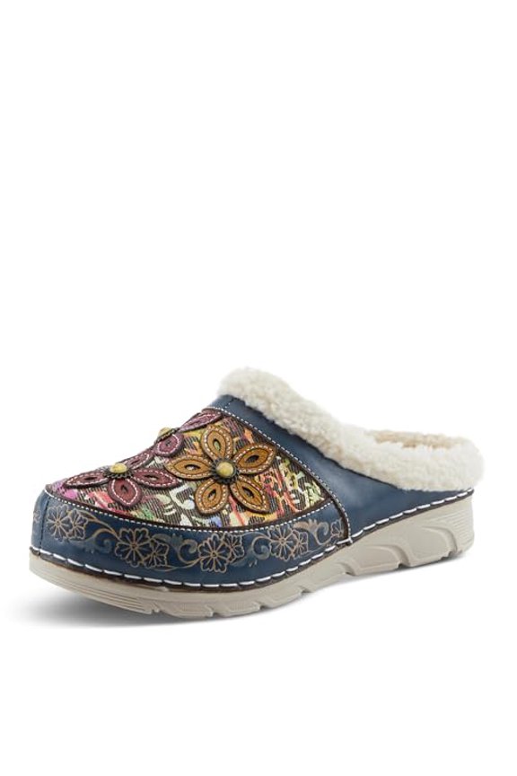 Spring Step L'Artiste Honestela Women’s Embossed Leather Clogs with Tapestry Upper - Sherpa Lined Slip-On for Warmth and Cushioned Wedge Heel Comfort Clog