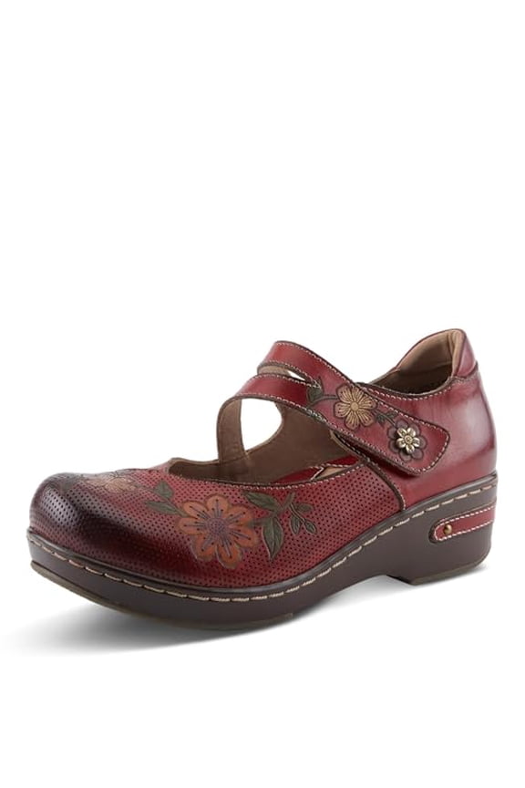 L'Artiste Mamataish Women’s Hand-Painted Faux Leather Mary Jane Clogs - Floral Laser-Cut Clog with Arch Support and Comfortable Wedge Heel
