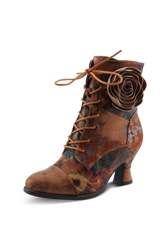 Spring Step L'Artiste Roselia-Flow Heeled Booties | Baroque-Inspired Leather Lace-Up Boots with 3D Rose Accent