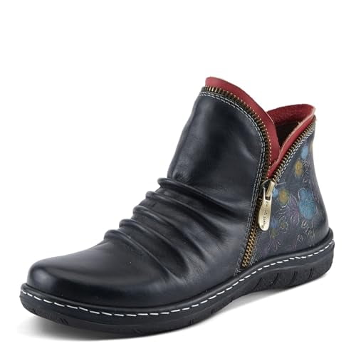 Spring Step L’Artiste Chesapeake Women’s Floral Bootie – Hand-Painted Leather Burnished Design – Bohemian Ruched Front, Flexible Sole, Inside Zipper Boots