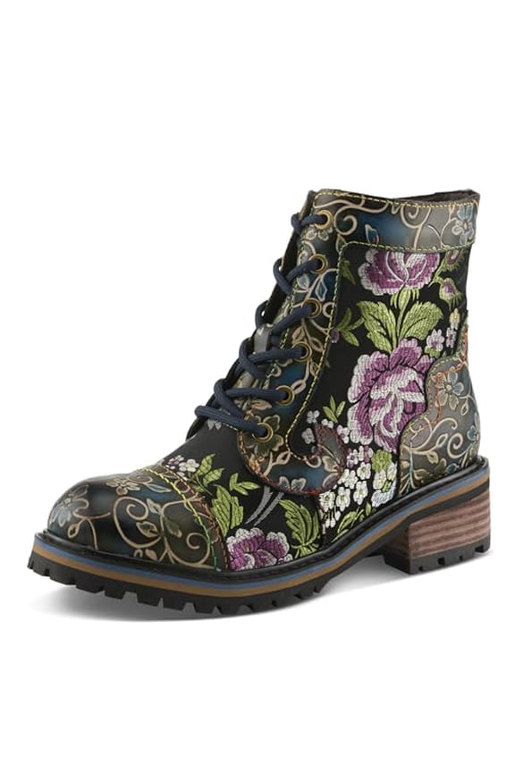 Spring Step L'Artiste Fantastic Booties for Women - Floral Hand Painted Womens Ankle Boots Low Heel - Everyday Wear Leather and Textile Western Booties