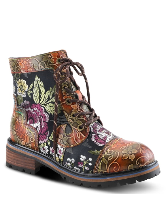 L'Artiste Fantastic Booties for Women - Floral Hand Painted Womens Ankle Boots Low Heel - Everyday Wear Leather and Textile Western Booties