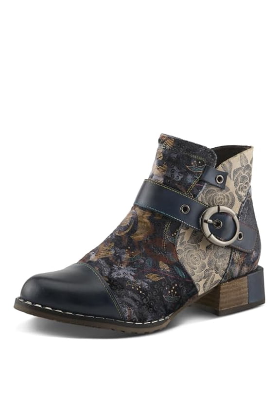 Spring Step L'Artiste Women’s Hand-Painted Leather Ankle Boots — Bold Buckle Strap with Side Zipper Closure — Cushioned Faux Fur Insole, 2" Block Heel