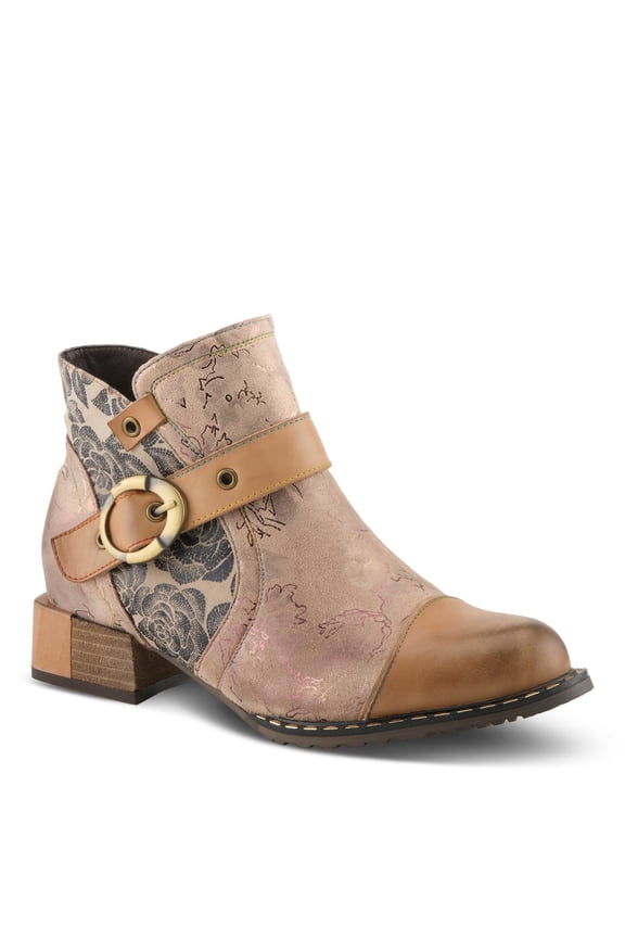 L'Artiste Women’s Hand-Painted Leather Ankle Boots — Bold Buckle Strap with Side Zipper Closure — Cushioned Faux Fur Insole, 2" Block Heel