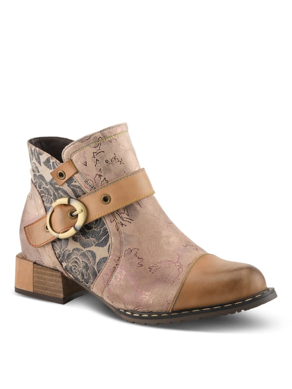 L'Artiste Women’s Hand-Painted Leather Ankle Boots — Bold Buckle Strap with Side Zipper Closure — Cushioned Faux Fur Insole, 2" Block Heel