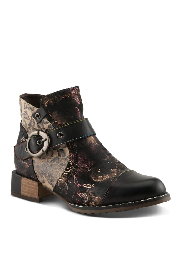 Spring Step L'Artiste Women’s Hand-Painted Leather Ankle Boots — Bold Buckle Strap with Side Zipper Closure — Cushioned Faux Fur Insole, 2" Block Heel