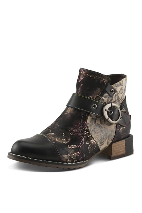 Spring Step L'Artiste Women’s Hand-Painted Leather Ankle Boots — Bold Buckle Strap with Side Zipper Closure — Cushioned Faux Fur Insole, 2" Block Heel