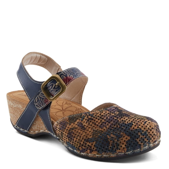Spring Step L’Artiste Women's Koraline Mary Jane Flat Shoes – Hand Painted Floral Leather, Cushioned Microsuede Footbed, Adjustable Ankle Strap, 2″ Cork Wedge Heel