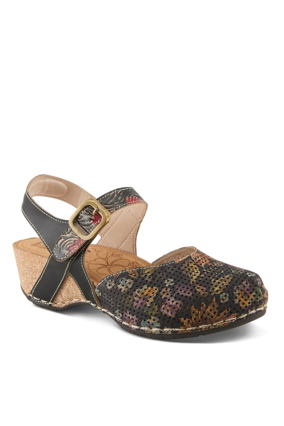 L’Artiste Women's Koraline Mary Jane Flat Shoes – Hand Painted Floral Leather, Cushioned Microsuede Footbed, Adjustable Ankle Strap, 2″ Cork Wedge Heel
