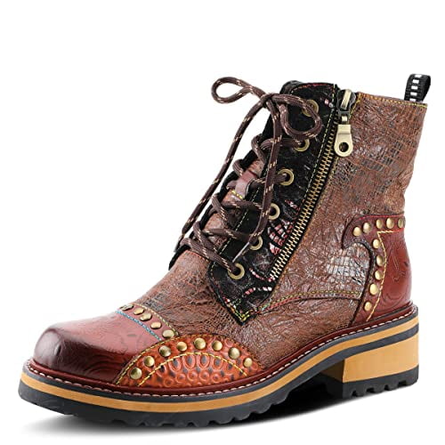 L'Artiste Rugup Leather Combination Booties for Women | Low Heel Ankle Boots for Women with Lace Up and Zipper Closure and Faux Fur Lining
