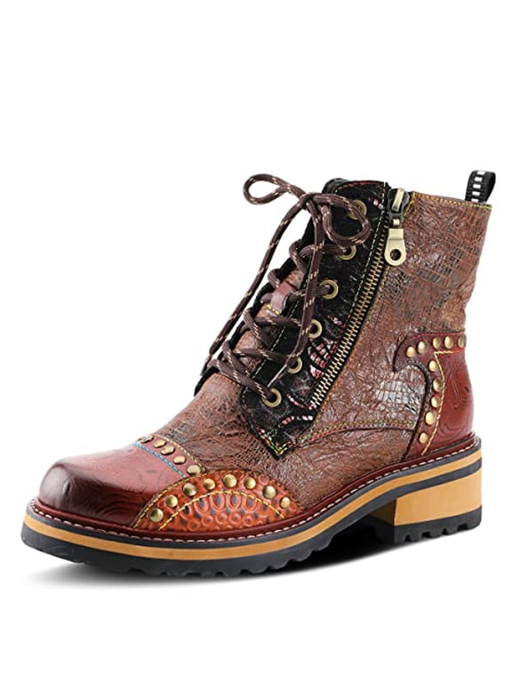 L'Artiste Rugup Leather Combination Booties for Women | Low Heel Ankle Boots for Women with Lace Up and Zipper Closure and Faux Fur Lining
