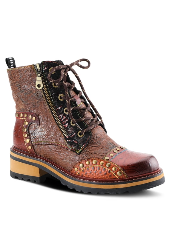 L'Artiste Rugup Leather Combination Booties for Women | Low Heel Ankle Boots for Women with Lace Up and Zipper Closure and Faux Fur Lining