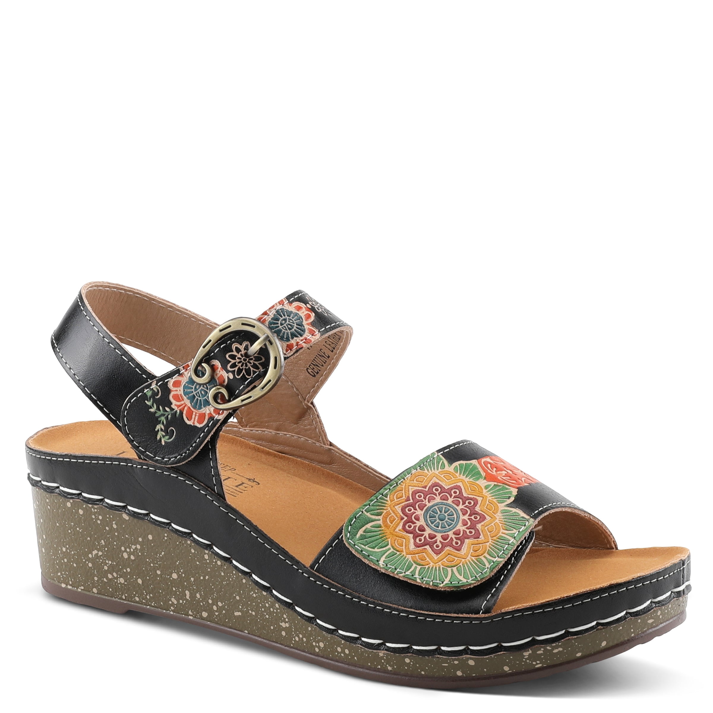 Spring Step L'Artiste Women's Roshni  Hand-Painted Floral Leather Wedge Slingback Sandals