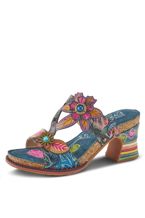 L'Artiste Rossie Hand-Painted Leather Sandals – Women’s Slip-On Platform Sandal with Hook & Loop Closure, Colorful Heel, Adjustable Strap