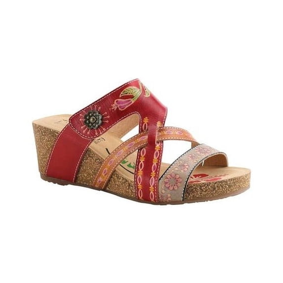 L'Artiste by Spring Step Women's Swan Slide Sandals Hand Painted Leather, Adjustable Straps, Floral Design, Wedge Heel, Hook & Loop, Open Toe