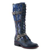 LArtiste Vaneyck Knee High Boots for Women with Iridescent Metallic Upper | Ladies Tall Boots with Decorative Double Buckles and Lace Up Zipper Closure