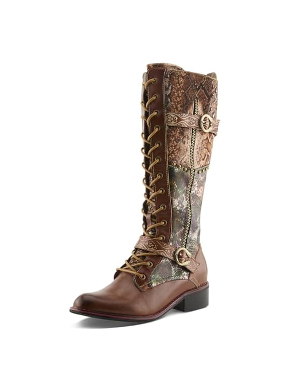 L'Artiste Vaneyck Knee High Boots for Women with Iridescent Metallic Upper | Ladies Tall Boots with Decorative Double Buckles and Lace Up Zipper Closure