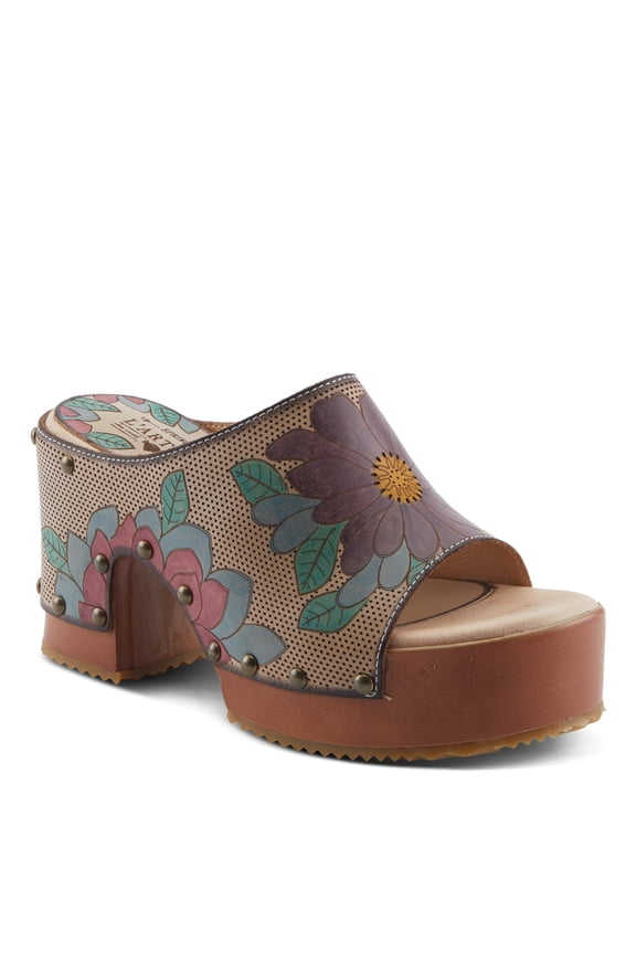 Spring Step L'artiste Teeshirt Women's Sandals – Handpainted Leather Slides, Retro Floral Design, Cushioned Footbed, Slip-On