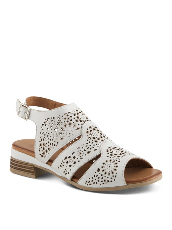 Plasma Leather Women's Sandal | Low Heel Sandals for Women with Floral Perforated Full Coverage Upper, Stretch Buckle Closure