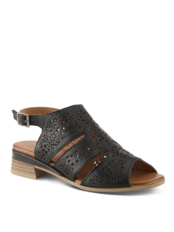 Plasma Leather Women's Sandal | Low Heel Sandals for Women with Floral Perforated Full Coverage Upper, Stretch Buckle Closure