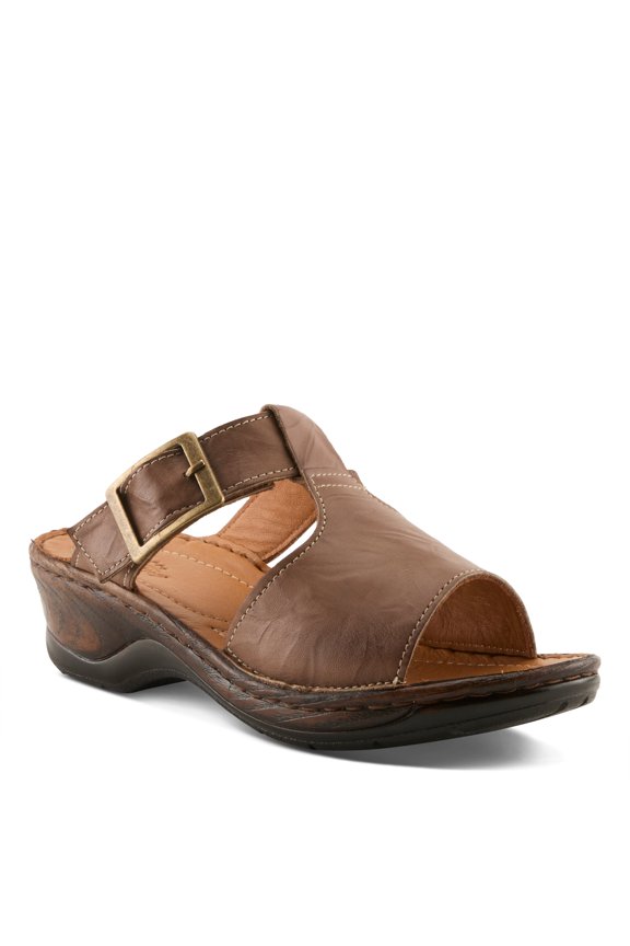 Saphique Women’s Leather Slide with Wide Upper & Cushioned Wedge