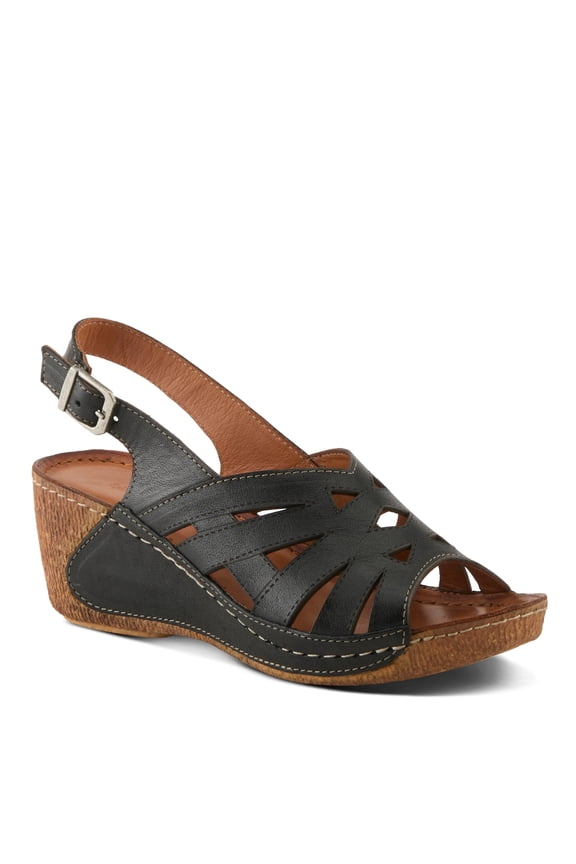 Women's CATHY Buckle Wedges - Premium Leather, Laser-Cut Design, Adjustable Slingback