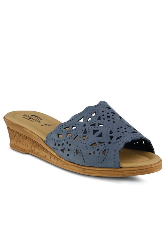 Estella Women's Fashion Wedge Slide Sandals – Casual Leather Heel with Geometric Laser-Cut Detailing