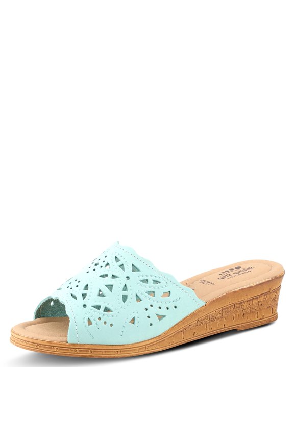 Estella Women's Fashion Wedge Slide Sandals – Casual Leather Heel with Geometric Laser-Cut Detailing