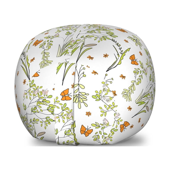 Spring Storage Toy Bag Chair, Butterflies Flying Flower Field Shabby Seasonal Flourish Pastel Petals, Stuffed Animal Organizer Washable Bag, Small Size, Pale Green Dark Orange, by Ambesonne